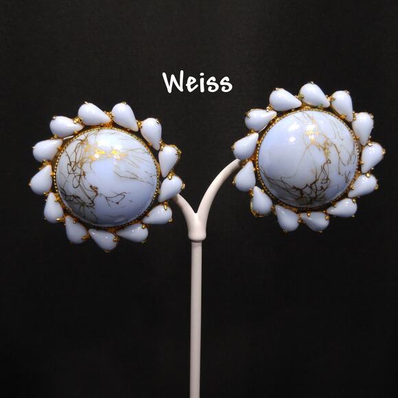 Weiss Light Blue & Gold Marbled Art Glass Earrings, Gold Plated, 1950s Vintage - Picture 1 of 10